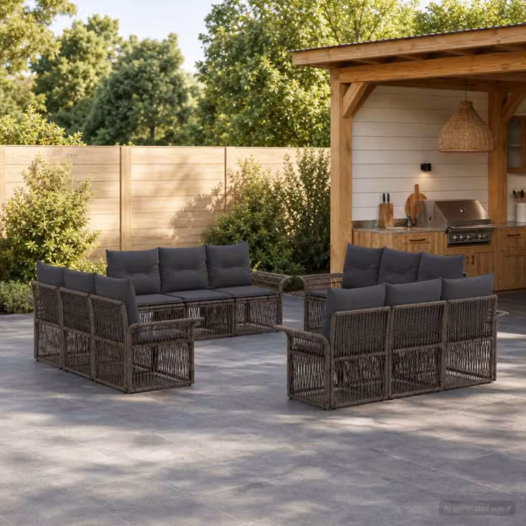 Set Divano da Giardino vidaXL 12 Pezzi a Forma di U in Polyrattan Grigio con Cuscini e Struttura in Acciaio Verniciato a Polvere