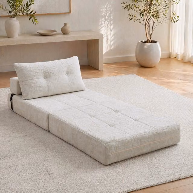 Divano letto pieghevole da pavimento FOLYNA in ciniglia beige con cuscini per testa e zona lombare L/P/H: 79 x 79 x 57 cm