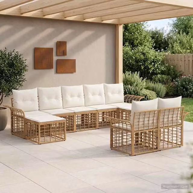 Set di divani da esterno 9 pz Naturale e Bianco Crema 3437774