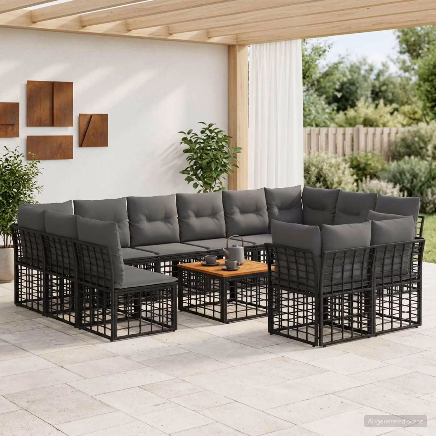 vidaXL Set di divani da esterno a forma di U composto da 13 pezzi con tavolino, nero e grigio scuro, in poliestere resistente ai raggi UV e acciaio verniciato a polvere