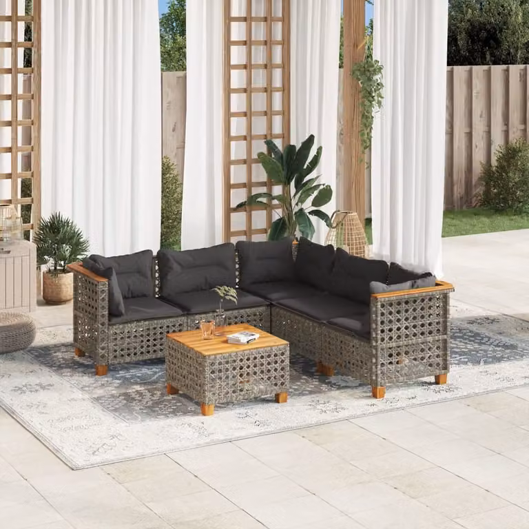 vidaXL Set Divano da Giardino 6 pz in Polyrattan Grigio con Cuscini e Tavolino