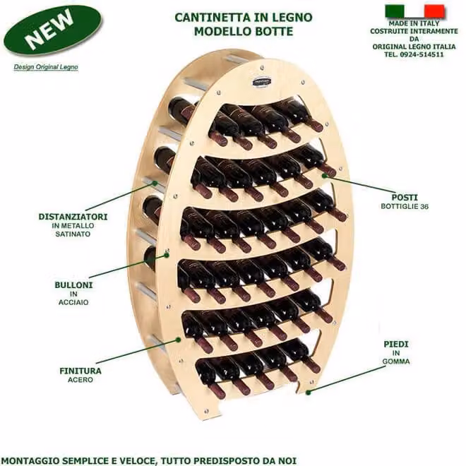 Cantinetta in legno Original Legno Italia modello Botte per 36 bottiglie, finitura acero beige, L: 75 cm, P: 25 cm, H: 120 cm – 2
