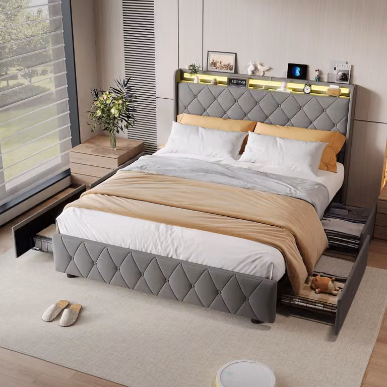 UnboxG Letto contenitore 140x200 cm con 4 cassetti e USB – Letto imbottito in velluto grigio, testiera LED, letto matrimoniale con contenitore