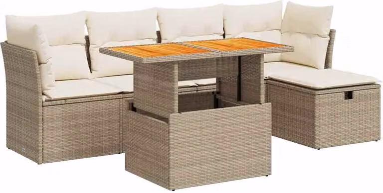 Set Divano da Giardino 6 pz con Cuscini Beige Polyrattan Acacia