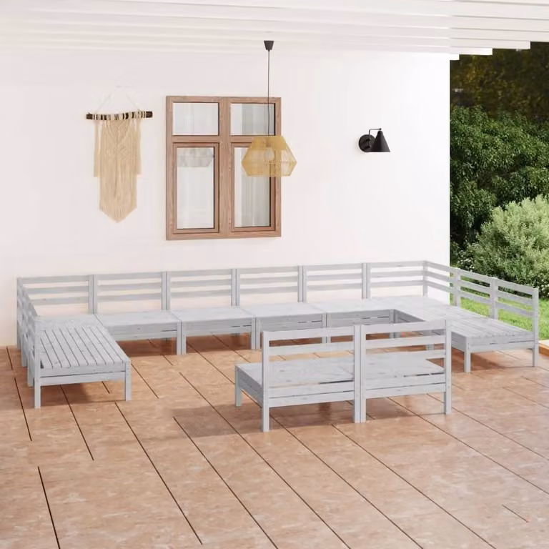 The Living Store Set salotto da giardino 12 pezzi in legno di pino massiccio bianco