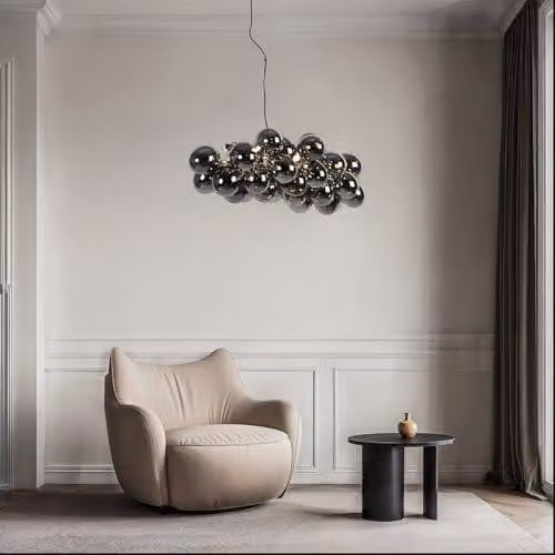 Lampada a sospensione design, ideale per la sala da pranzo, modello "Uvas", nera con vetro fumé, 8 luci, diametro 80 cm