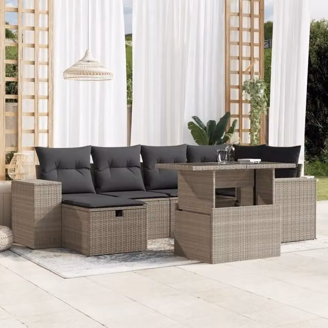 vidaXL Set Divani da Giardino 7pz in Polyrattan Grigio con Cuscini e Tavolino – 1