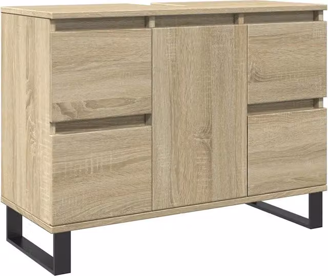 Mobile da bagno sospeso in stile industrial con ante e cassetti, finitura rovere opaco, L: 80 cm, P: 33 cm, H: 60 cm