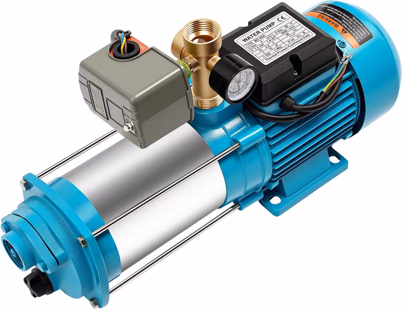 Pompa dell'acqua - Pompa centrifuga autoadescante - 1300 W, acciaio inossidabile - Pressostato e manometro - 4000 l/h - 220–230 V, spina UE