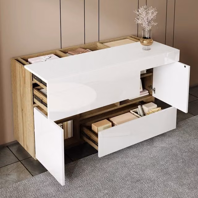 Credenza moderna bianca lucida con illuminazione integrata per la tua sala da pranzo L: 120 cm, H: 76,5 cm, P: 48 cm