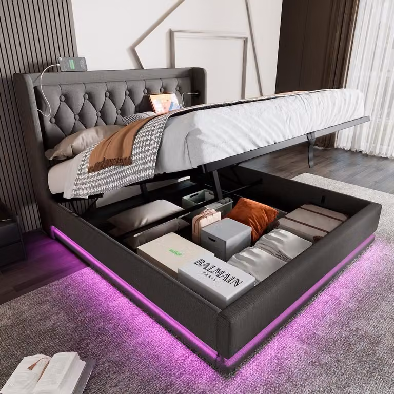 Letto imbottito 180x200 cm, grigio, in cotone, con spazio contenitore a sollevamento idraulico, testiera imbottita, funzione di ricarica USB di tipo C e illuminazione LED a 3 lati