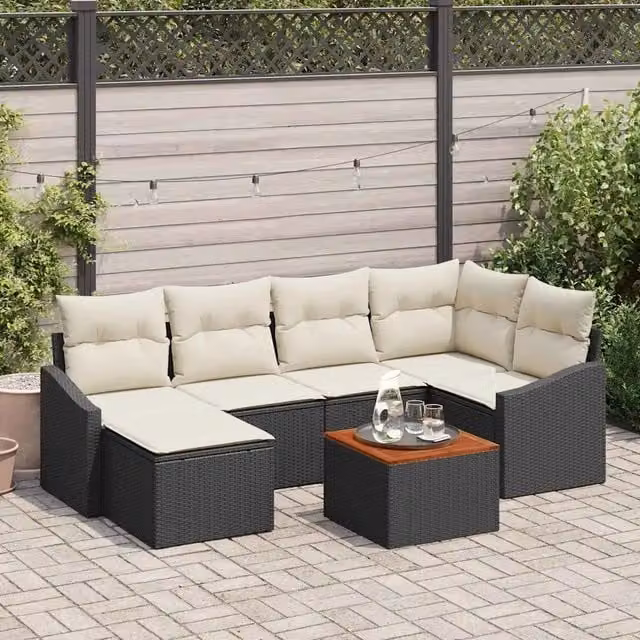 Set Divano da Giardino 7 pz Nero e Crema polyrattan 3356521