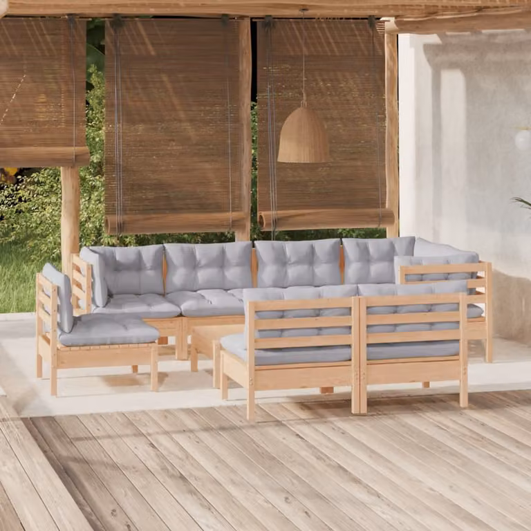 The Living Store Set da 9 pezzi per salotto da giardino con cuscini grigi in legno di pino massiccio