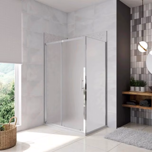 H.185 cm Box Doccia Angolare Porta Scorrevole con Parete Fissa Vetro Temperato 5 mm Satinato Opaco 100x80 cm