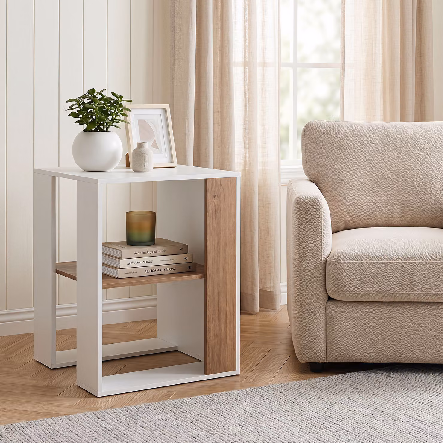 Tavolino da caffè Costway a 3 livelli in MDF laminato bianco opaco con ripiani rinforzati e sponde anticaduta per soggiorno, camera da letto o ingresso