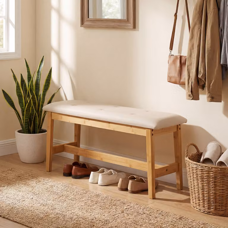 Panca a 2 posti Costway in bambù con seduta imbottita beige e porta scarpe, ideale per ingresso o corridoio, L 100 x P 30 x H 50 cm