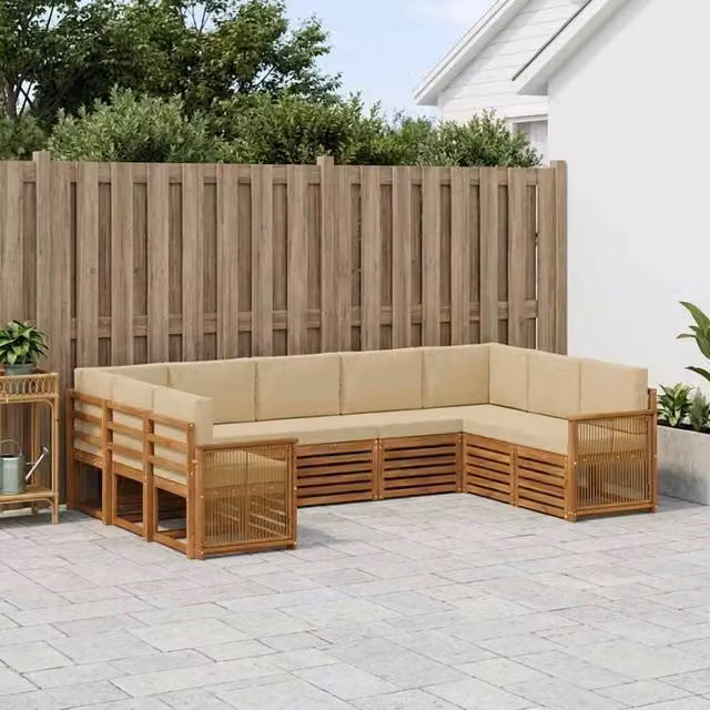 Set di divani da esterno a L vidaXL in legno di acacia con cuscini beige, 7 pezzi