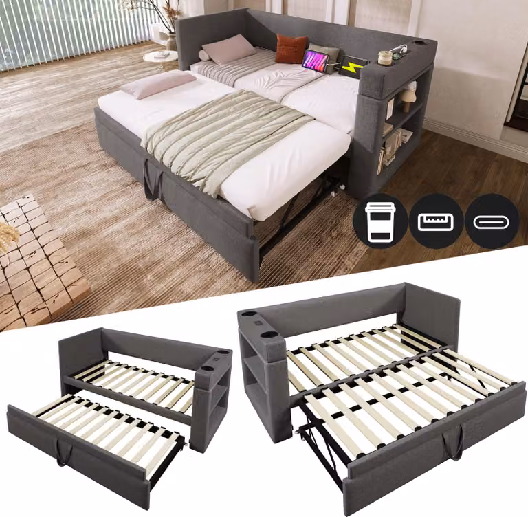 Daybed imbottito Sweiko 90x190 cm, divano letto singolo con letto estraibile, braccioli con porta di ricarica USB e Type-C e portabicchieri, tessuto misto lino, grigio, senza materasso.
