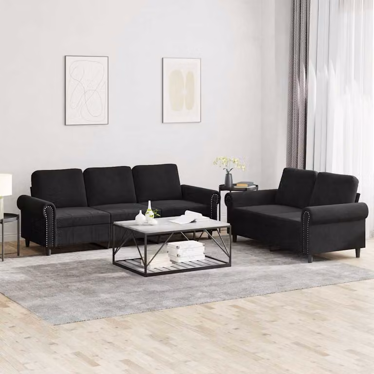 Set di 2 divani vidaXL in velluto nero con cuscini per soggiorno in stile moderno
