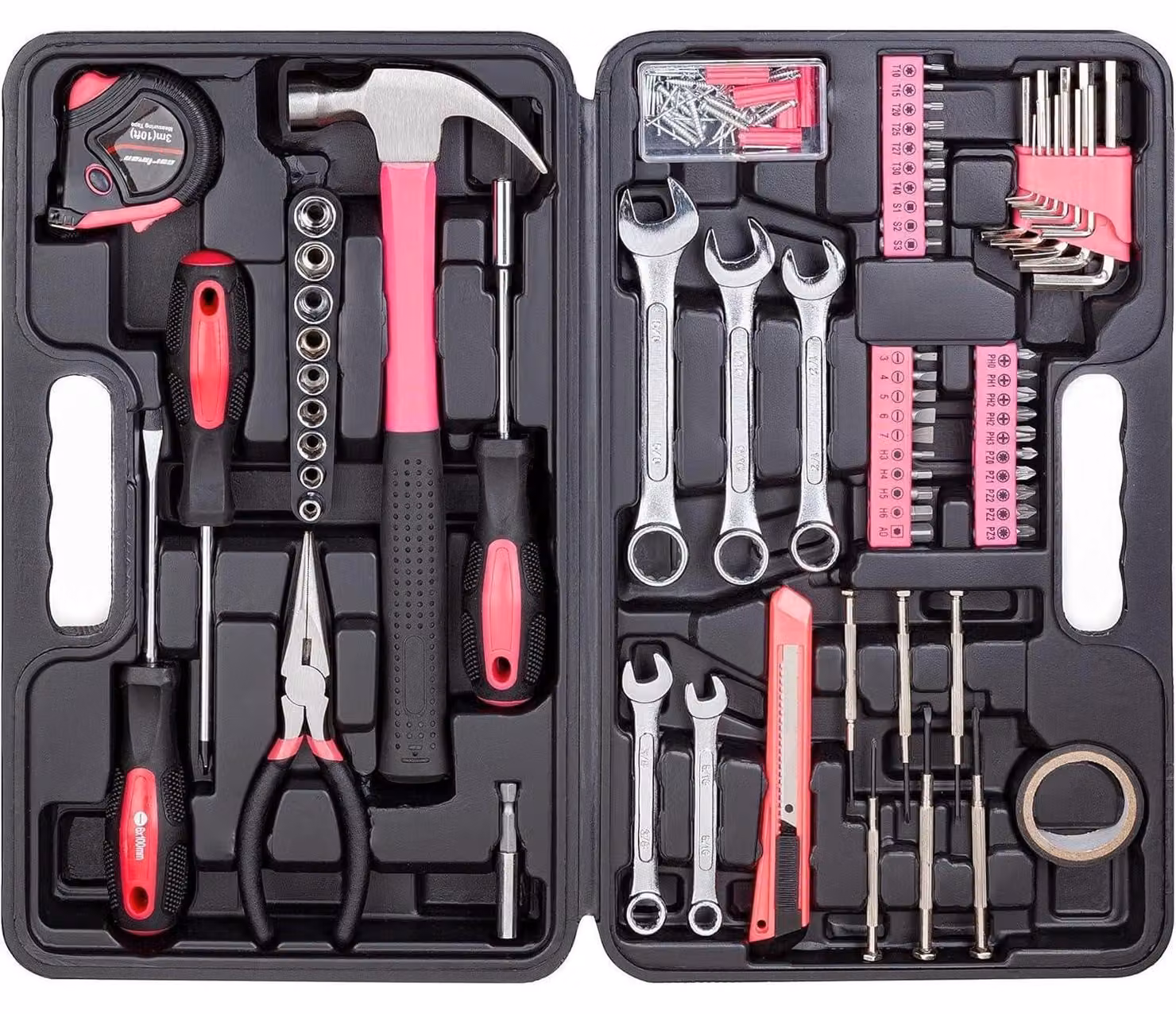 Kit di utensili da lavoro per la casa, composto da 148 pezzi, con valigetta in plastica rosa