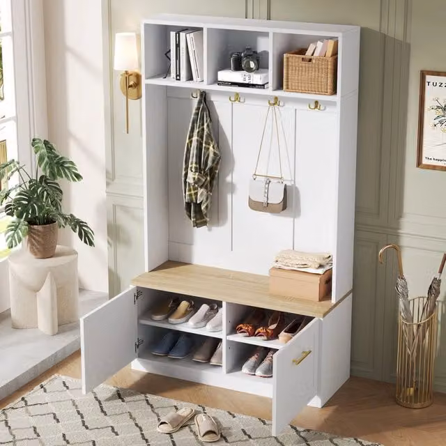 Mobile da ingresso con panca 2 ante 4 ganci e vani aperti in MDF e truciolare naturale bianco 105 × 40 × 180 cm