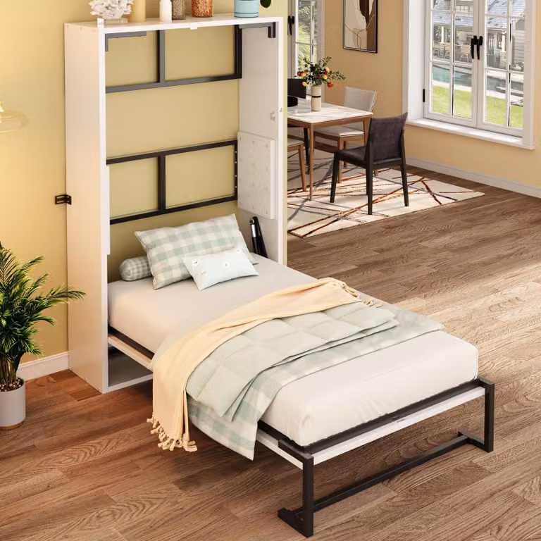 Letto a scomparsa MODFU 90x200, letto ribaltabile, letto Murphy, salvaspazio, letto singolo, struttura in metallo, montaggio a parete, struttura in metallo, senza materasso, bianco