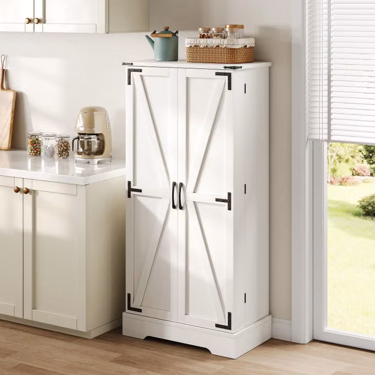 Mobiletto da cucina 128,5 cm, bianco, LED, 2 ante e ripiani regolabili, agriturismo