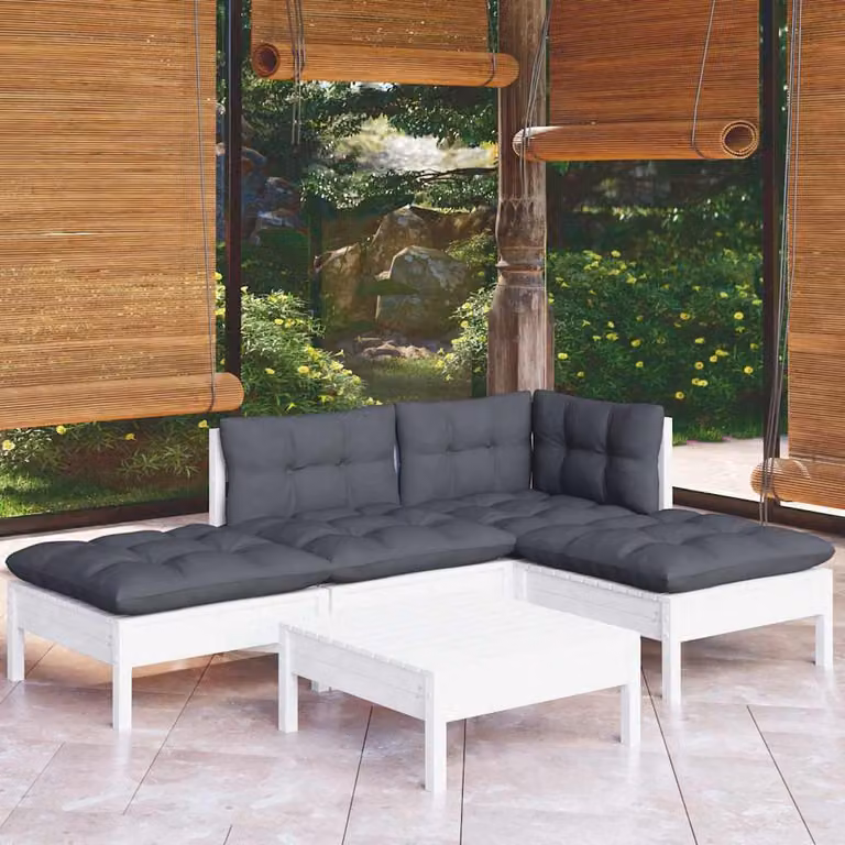 Set di divani da giardino vidaXL a forma di L in legno di pino con cuscini bianchi, antracite e grigi