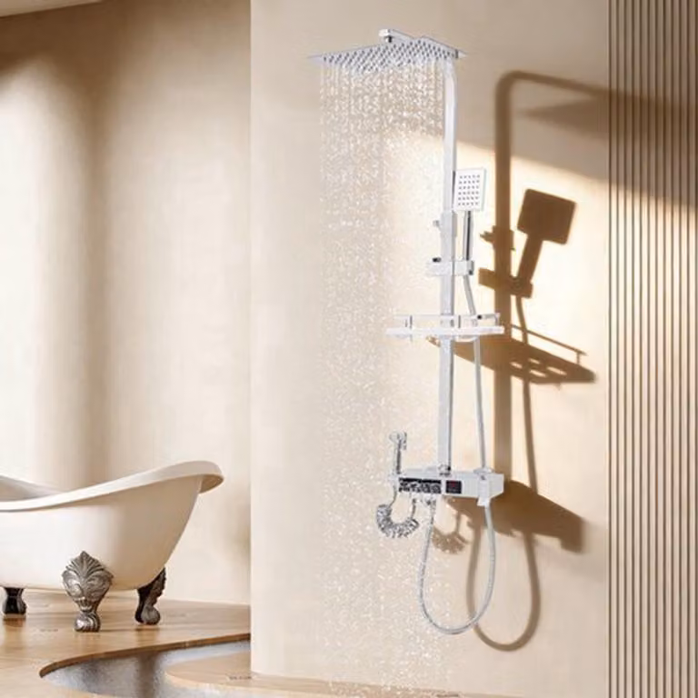 Pannello doccia da parete - Colore argento chiaro - Materiale: ottone - Con display a LED e sistema doccia a pioggia