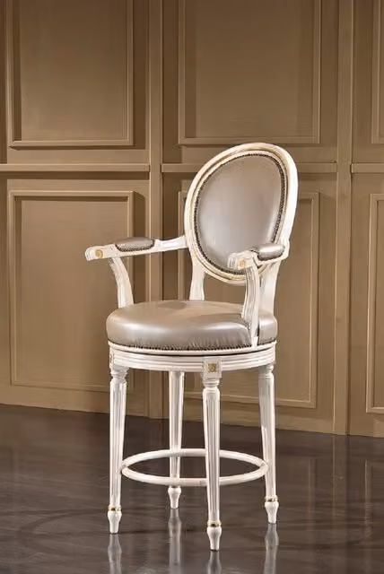 Sgabello girevole shabby chic MOBILI 2G in legno di faggio imbottito bianco e oro