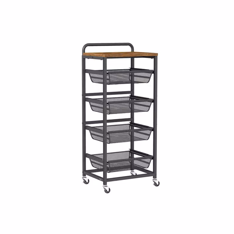 Carrello da cucina con ripiani multipli cesti scorrevoli e rotelle, Marrone Vintage + Nero Inchiostro / 5 Ripiani