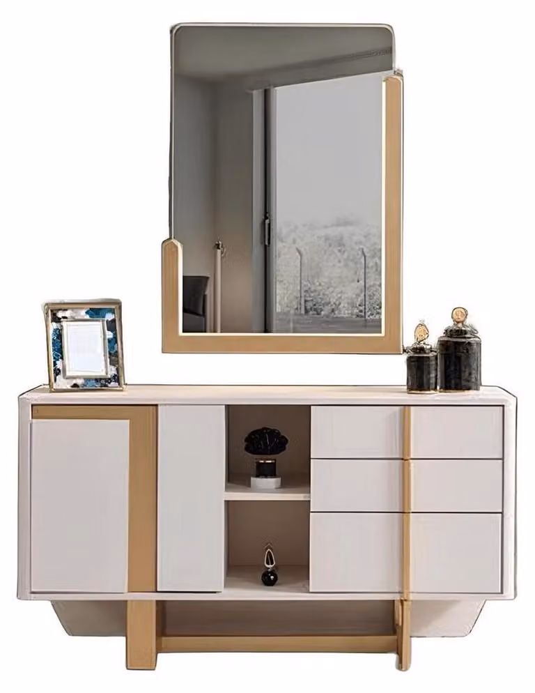 Comodino in stile moderno, colore beige, struttura in legno, design minimalista