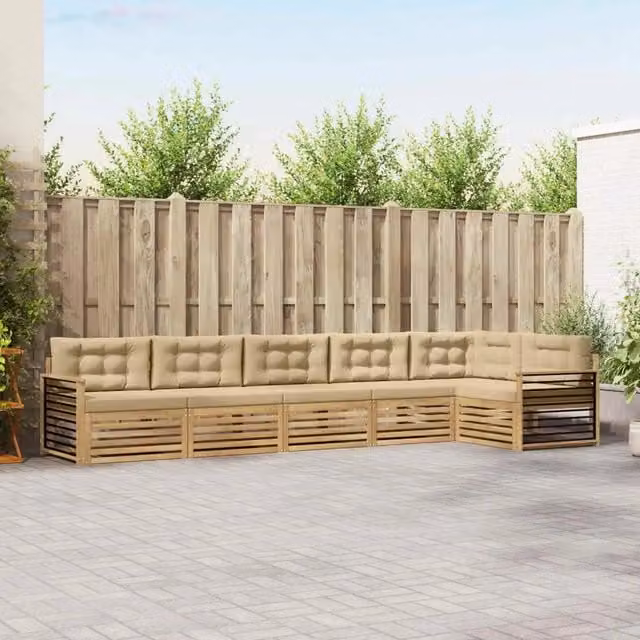 Set di divani da esterno vidaXL a forma di L composto da 6 pezzi in legno di acacia con cuscini bianchi e beige – 1