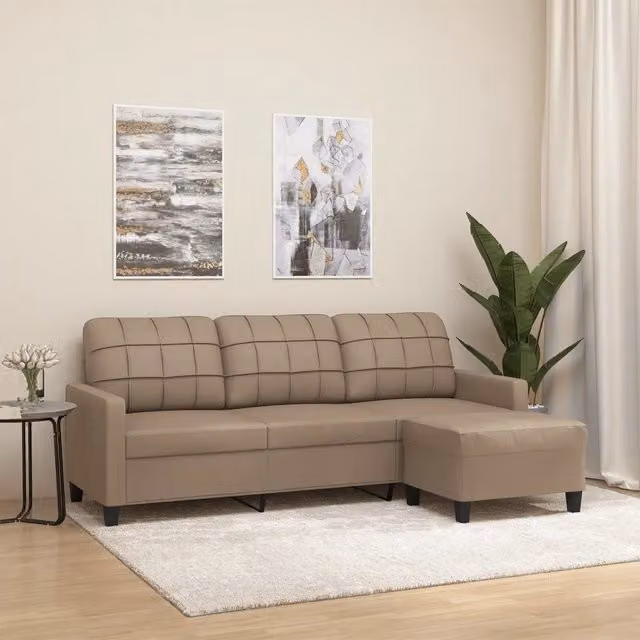 Divano a 3 Posti con Poggiapiedi-Sofa 3 Posti con Poggiapiedi Cappuccino 180cm in Similpelle 928160