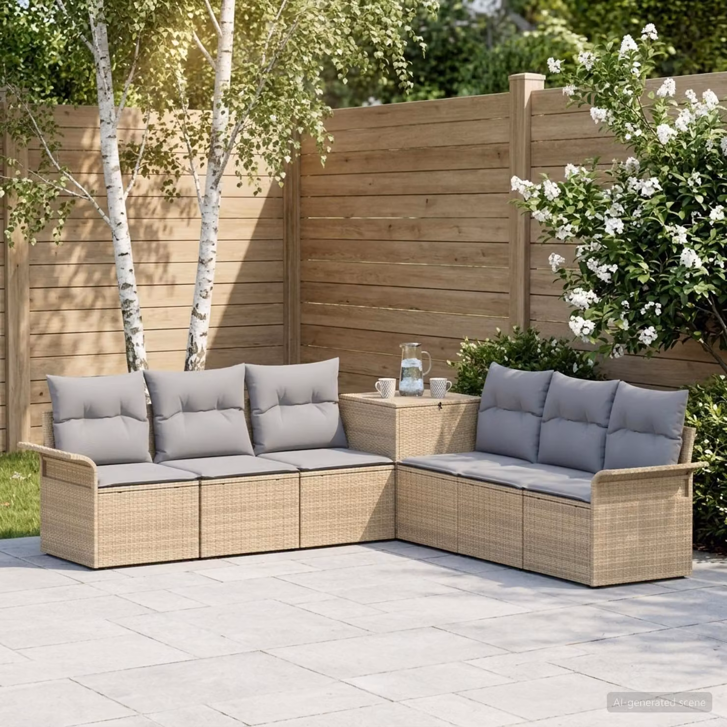 Set di divani da giardino vidaXL in polyrattan 7 pezzi con cuscini Beige e Grigio