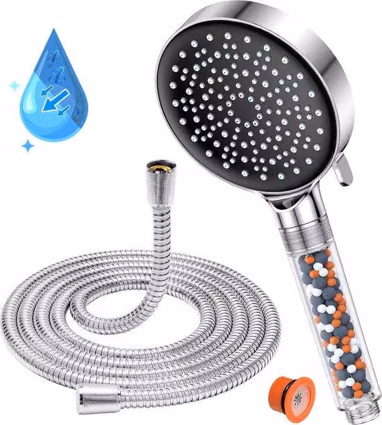 Soffione doccia con braccio e filtro - Soffione ad alta pressione - Braccio da 1,5 m - 6 modalità - Risparmio idrico