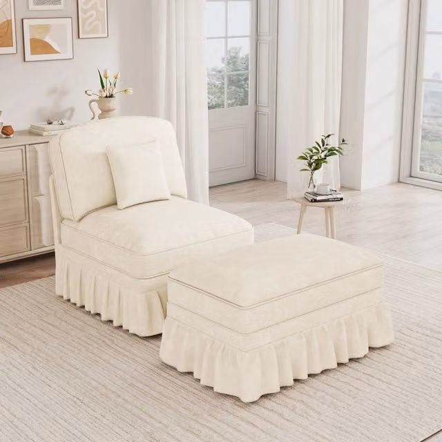 Divano lounge OKWISH in ciniglia bianco con gonna removibile e pouf mobile per il tuo soggiorno