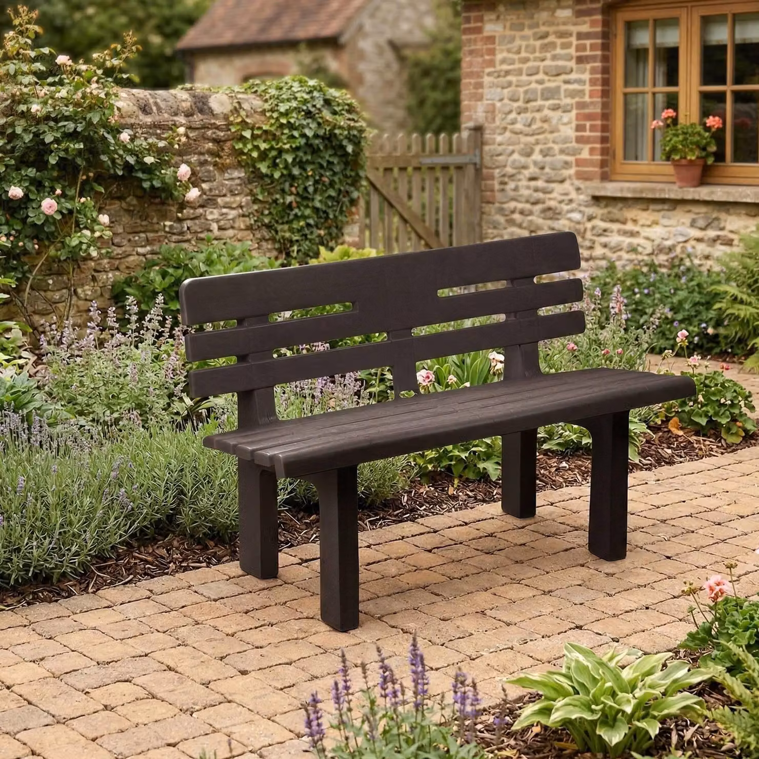 Dmora Panchina da Esterno Alim 52x110x71h cm Nero Antracite, 2 Posti Schienale Listelli  Italy