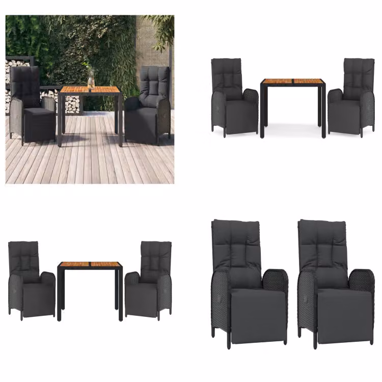 vidaXL Set da pranzo da giardino 3 pezzi con cuscini in poly rattan nero - Set da pranzo da giardino - Set da pranzo da giardino - Set da pranzo da terrazza