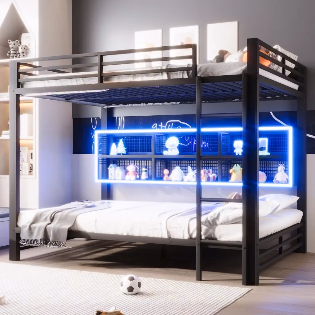 Letto a castello REDOM in metallo nero opaco con vani contenitore e illuminazione LED L/P/H: 140 x 200 x 204 cm – 2