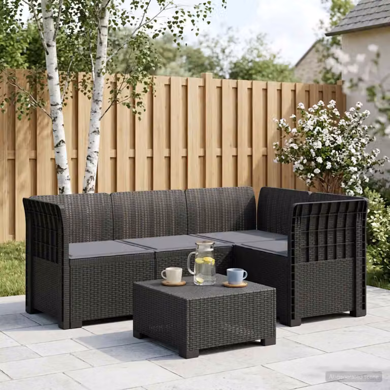Divano da giardino angolare vidaXL a 4 posti con cuscini in stile rattan, colore grigio antracite