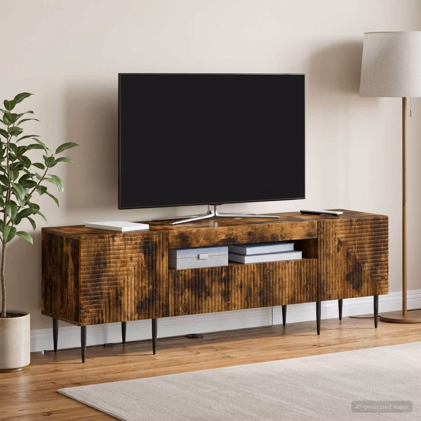 Mobile TV LED vidaXL HAARLEM in Rovere Fumo con illuminazione integrata, L 153 x P 35 x H 43 cm