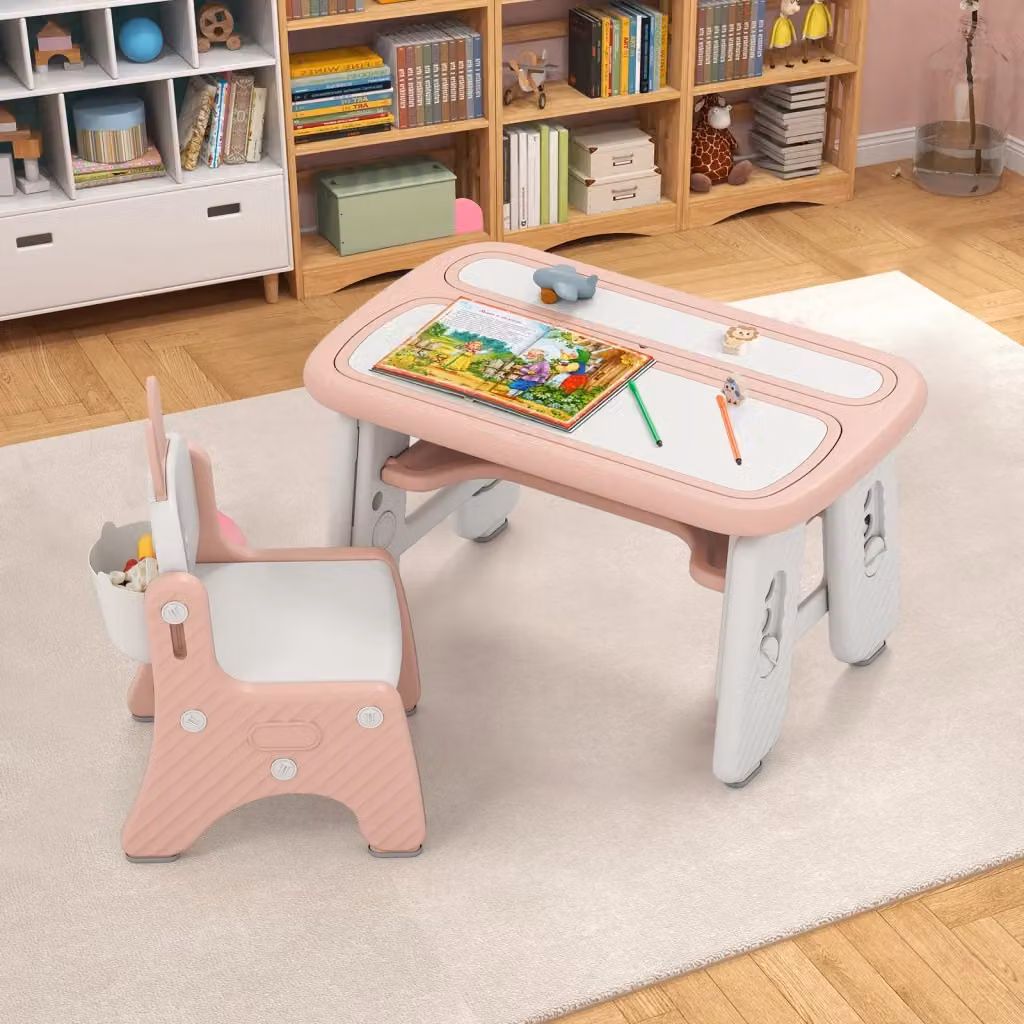Set Tavolo e Sedia per Bambini Design Mania con Mensola Ribaltabile a Lavagna Magnetica e Altezza Regolabile, Rosa – 2