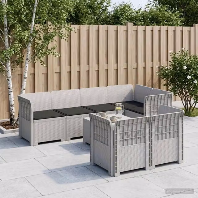 Divano da giardino a forma di U vidaXL con 7 posti, design moderno in polyrattan con cuscini inclusi, resistente alle intemperie, bianco e antracite