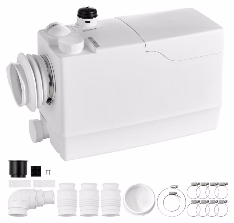 SucceBuy, pompa per acque reflue da 800 W, portata di 12000 L/h, altezza di mandata di 10 metri, con 4 attacchi, pompa per acque reflue bianca per cantine, WC, lavabi, lavatrici e cucine, pompa di tritatura con attacchi laterali