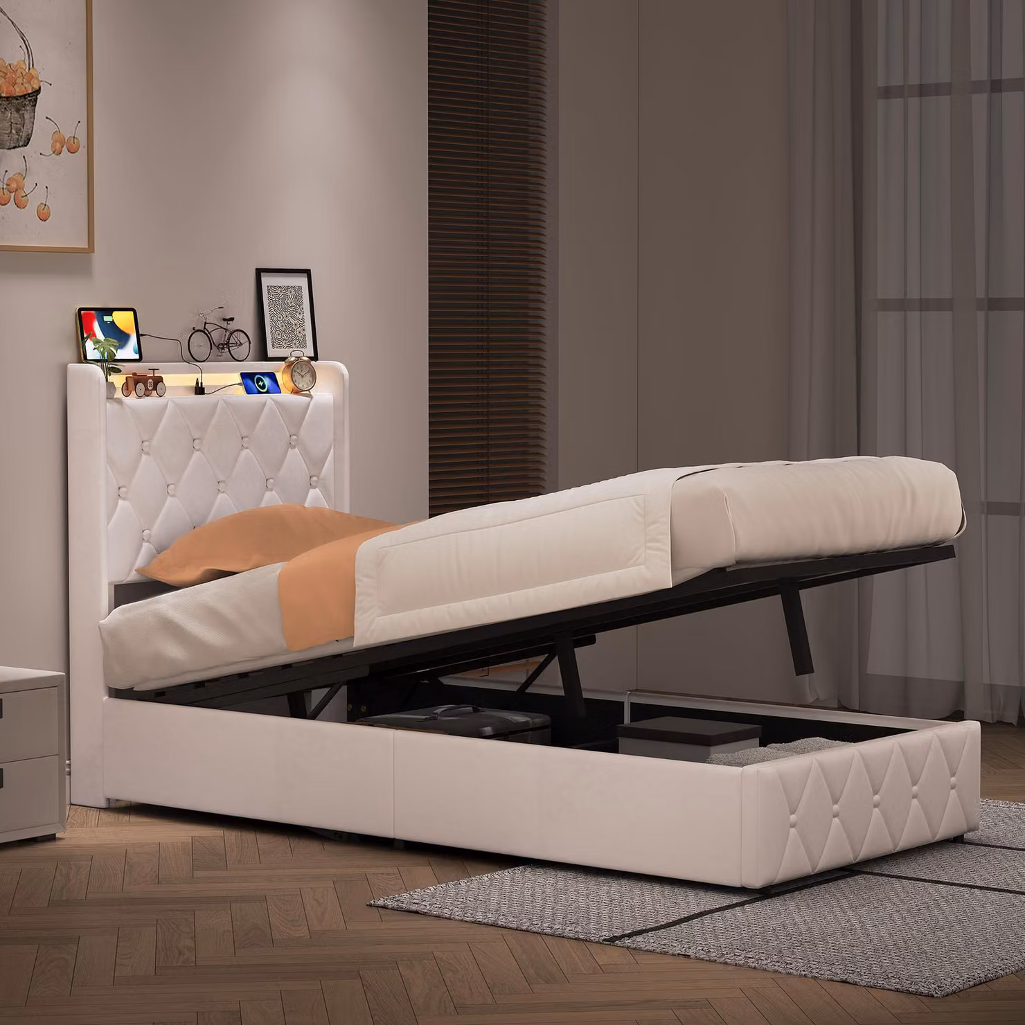 Letto imbottito REMZETTA, 90 x 200 cm, letto singolo con contenitore e meccanismo di sollevamento idraulico, testiera imbottita, tessuto velluto, color beige
