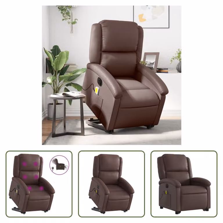 The Living Store Sedia massaggiante con supporto in piedi elettrica in ecopelle marrone