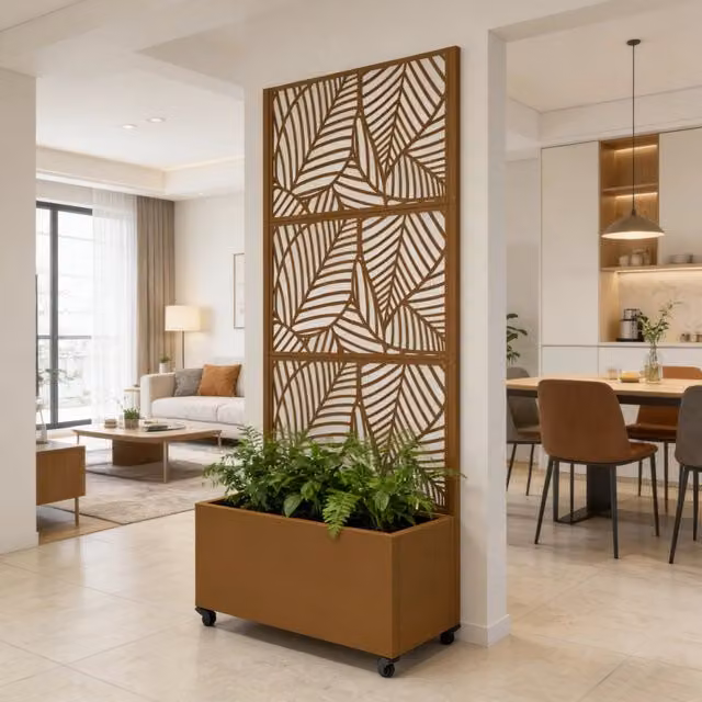 Fioriera con Spalliera e Separè Surnskoki casa.pro in Acciaio Galvanizzato Marrone con Portapiante e Rotelle H: 190 cm, L: 82 cm, P: 38 cm – 1