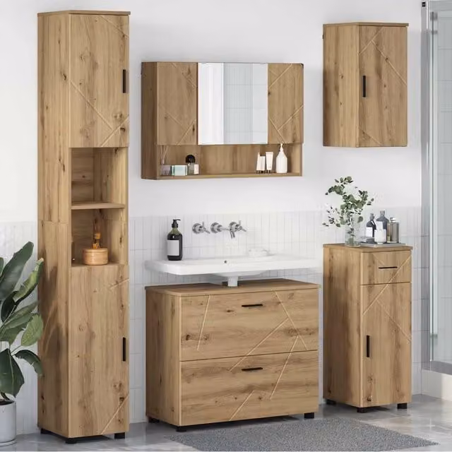 Set di mobili per il bagno moderno vidaXL in legno e metallo color rovere e nero, composto da mobile lavabo, armadietto con specchio, colonna alta e mobile laterale, H x L x P: 192 x 85,2 x 35 cm – 1