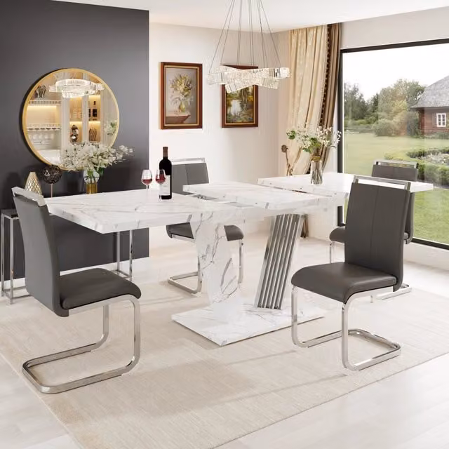 Set sala da pranzo 5 pezzi: tavolo allungabile 120(160)x80x76 cm per 4-6 persone, con 4 sedie rivestite in ecopelle grigia